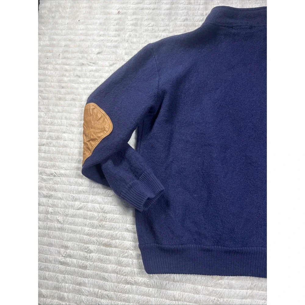 Orvis Vintage 100% Wool T Snap Sweater L‎ Leather Elbow Patch Pullover Blue